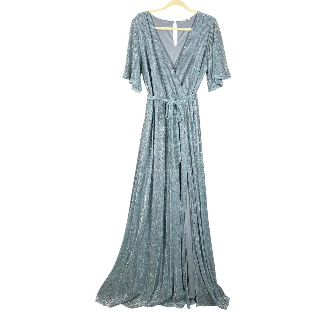 Baltic Born Grace Dress Light Blue Sequins Maxi Gown Belted Flutter Sleeves - Picture 2 of 14